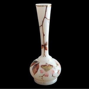 Antique Victorian Hand Painted Floral Opaline Handblown Milk Glass Bud Vase